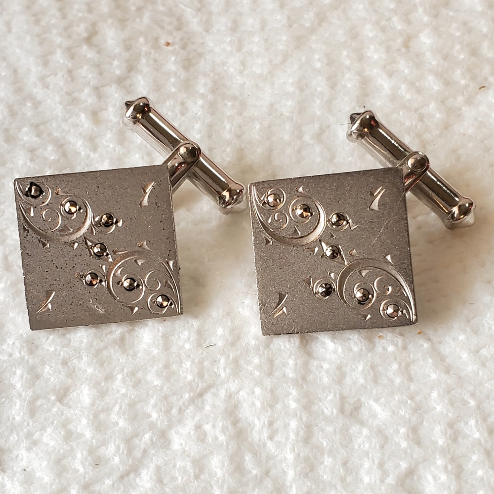 Marcasite Victorian Sterling Silver Cufflinks. 1/2 in. Signed B.K.  Great Condit